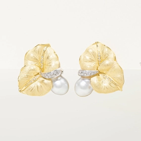 Clean Style Crisp Lines 18k Cultured Pearl & Diamond Floral Clip-On Earrings | 0.32ctw