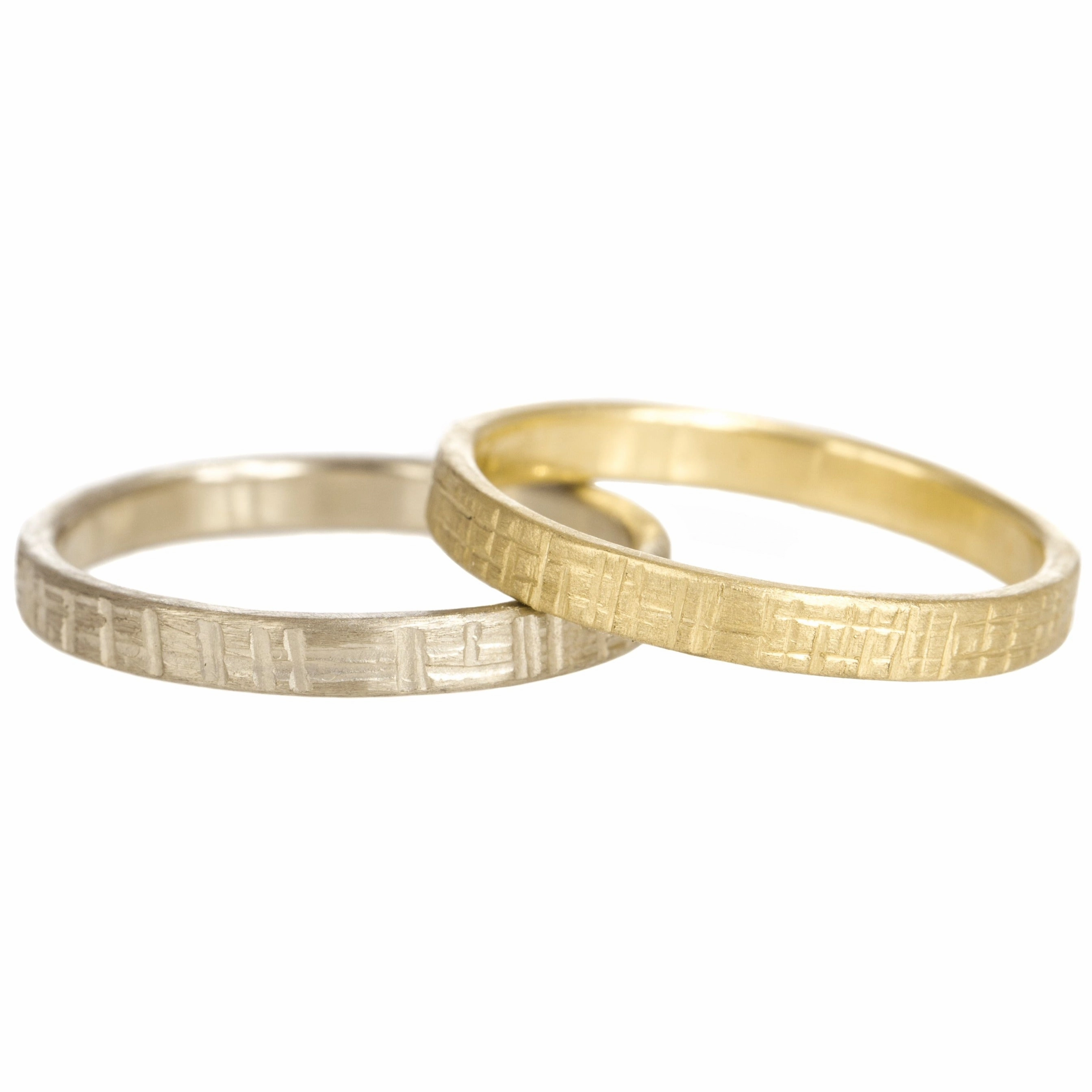 Trendy Glow Solid gold, hand forged, crosshatch texture,2.5 mm wide