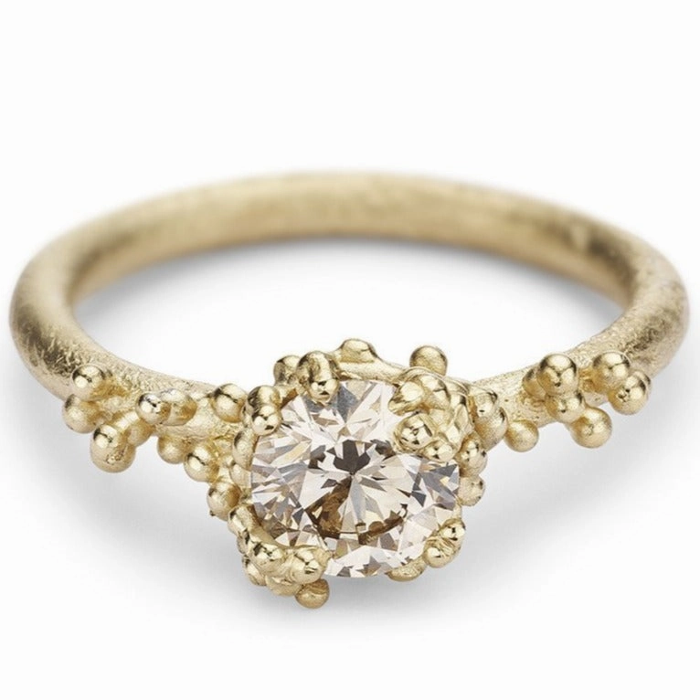 Fine Symbol Solitaire Champagne Diamond Ring with Granules - 14k Gold   Champagne Diamonds