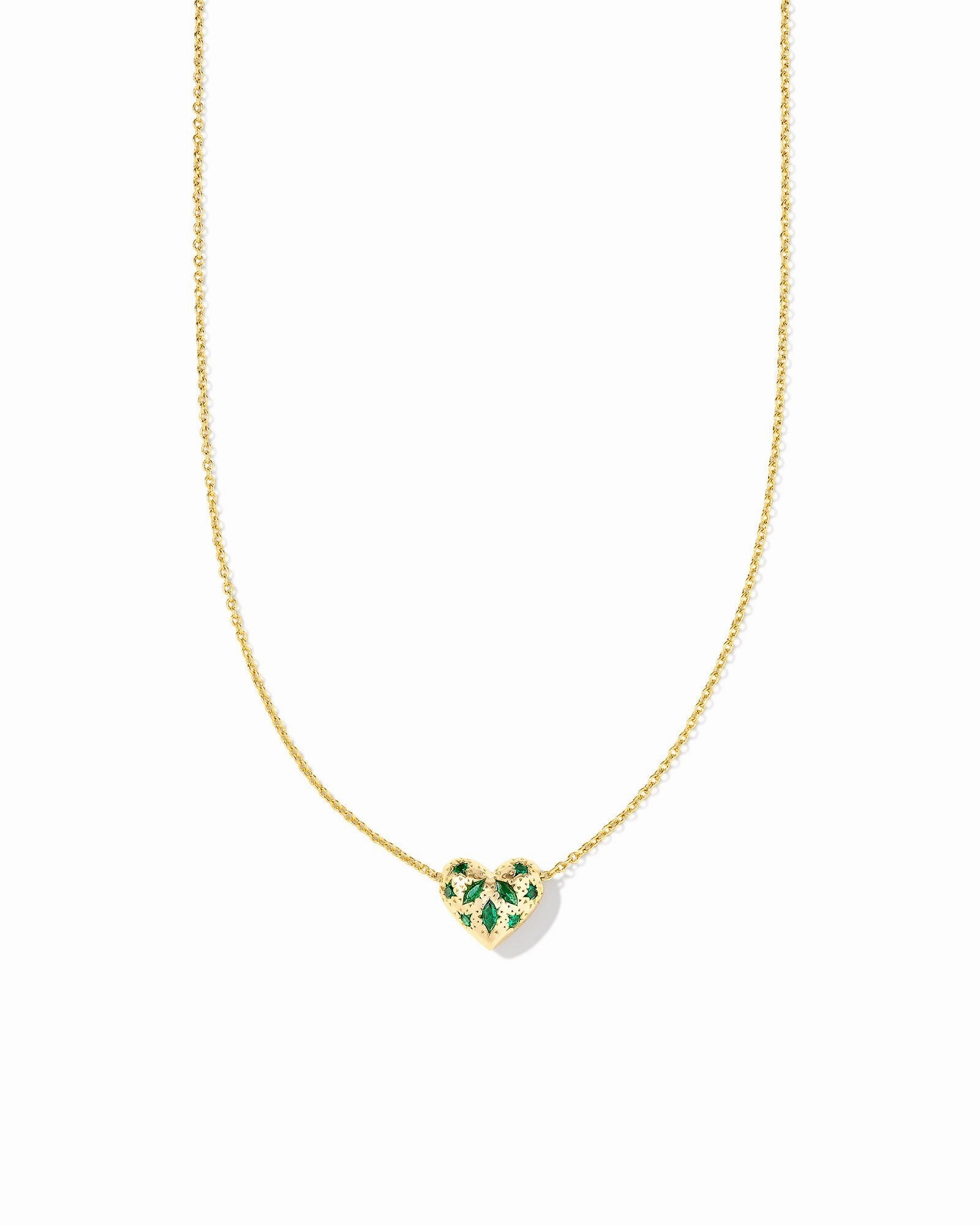 Distinctive Detailing Kendra Scott Holland Gold Heart Short Pendant Necklace in Green Crystal