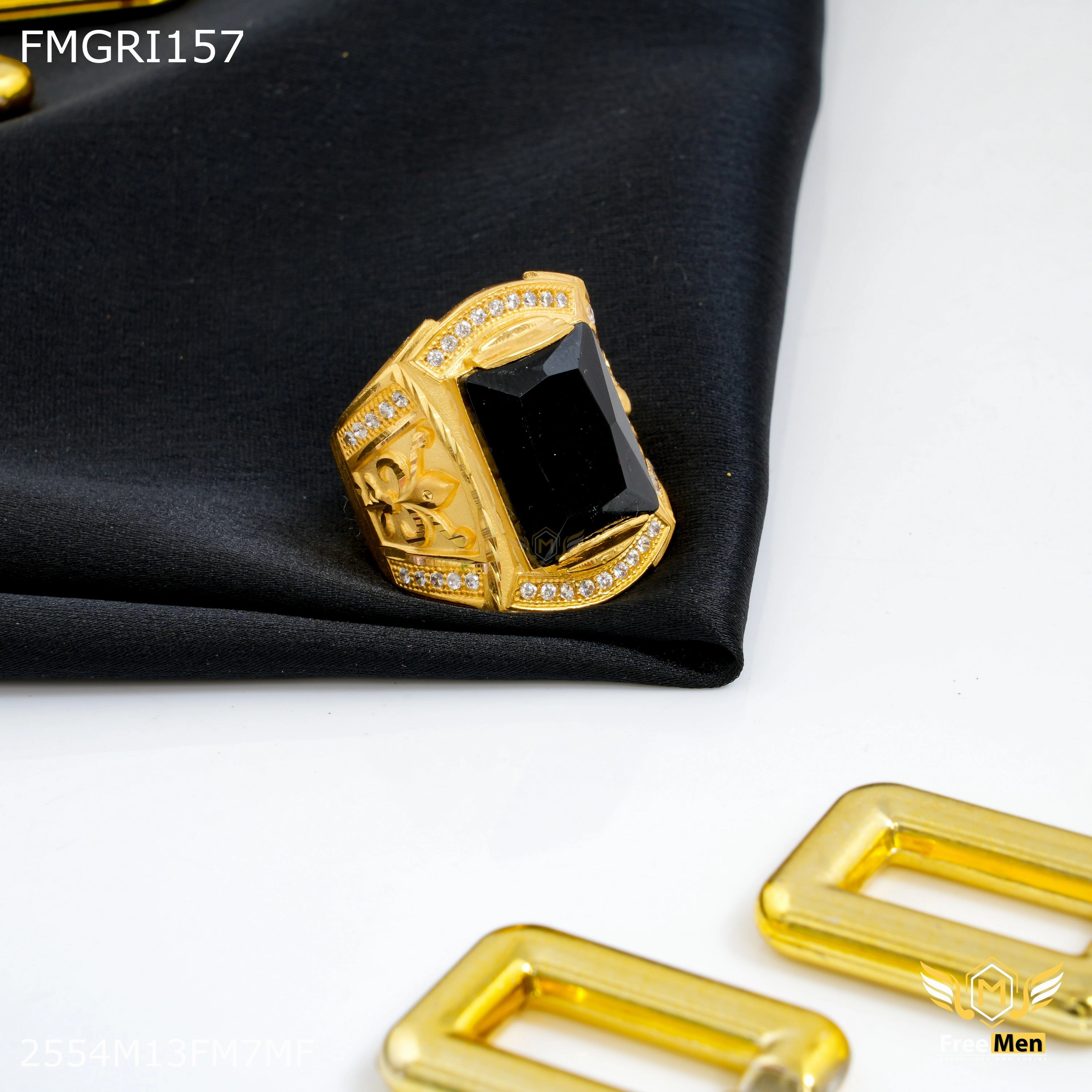 Lustrous Feature Freeme 1gm Black Stone with AD Gold plated ring for men - FMGRI157
