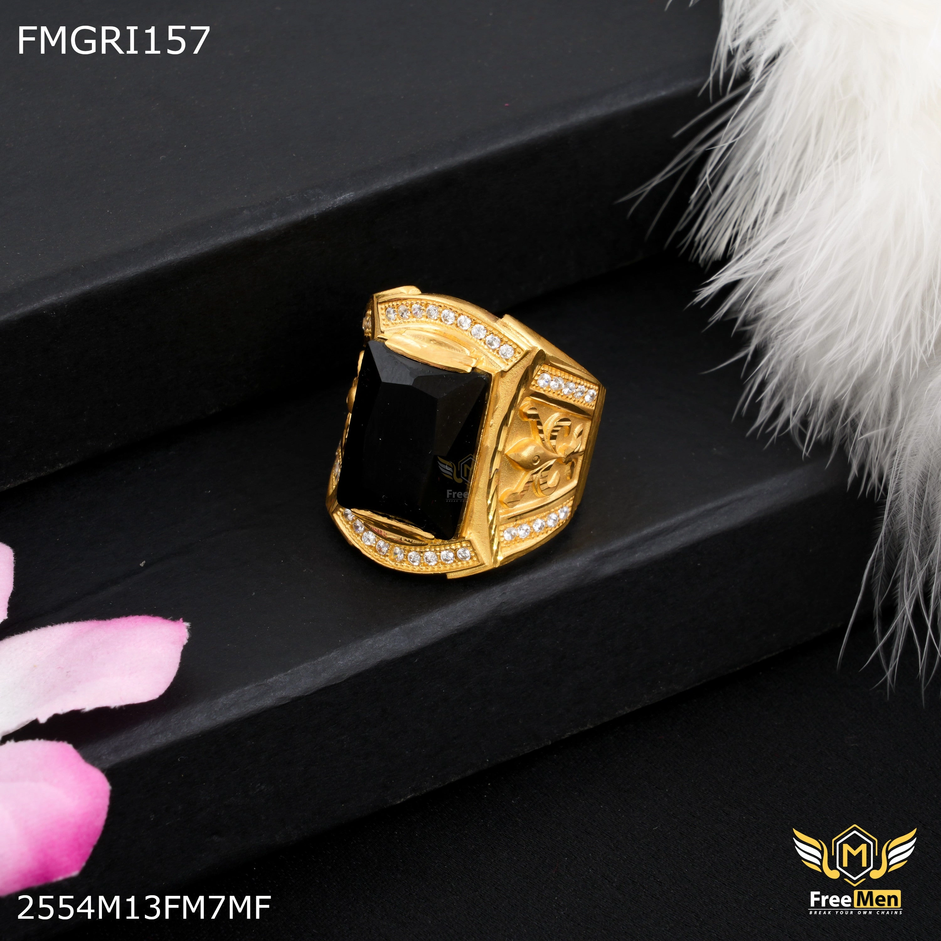 Artisan Piece Glossy Accent Freeme 1gm Black Stone with AD Gold plated ring for men - FMGRI157