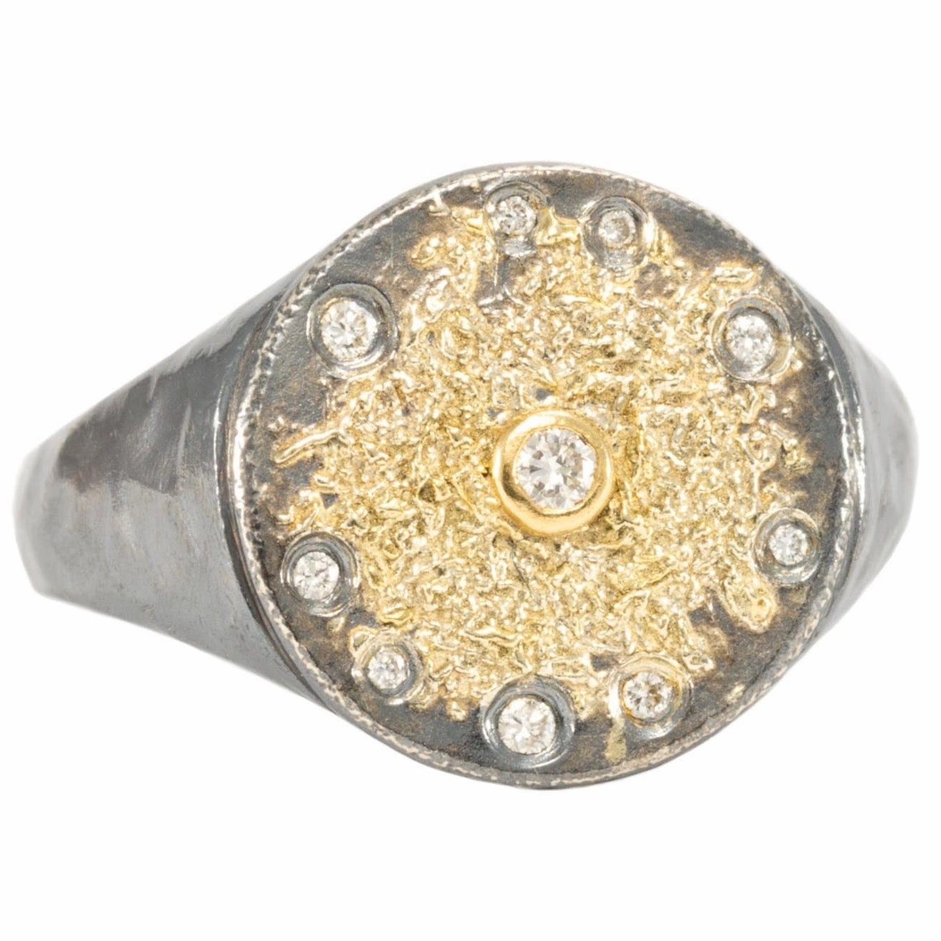 Starburst Signet - 22ky, 18ky, Oxidized Silver   VS Diamonds Soft Tone Elegant Style Pieces