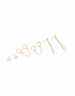 Gold Plated Diamante & Pearl Mixed Earrings 4-Pack Distinctive Edge Golden Light