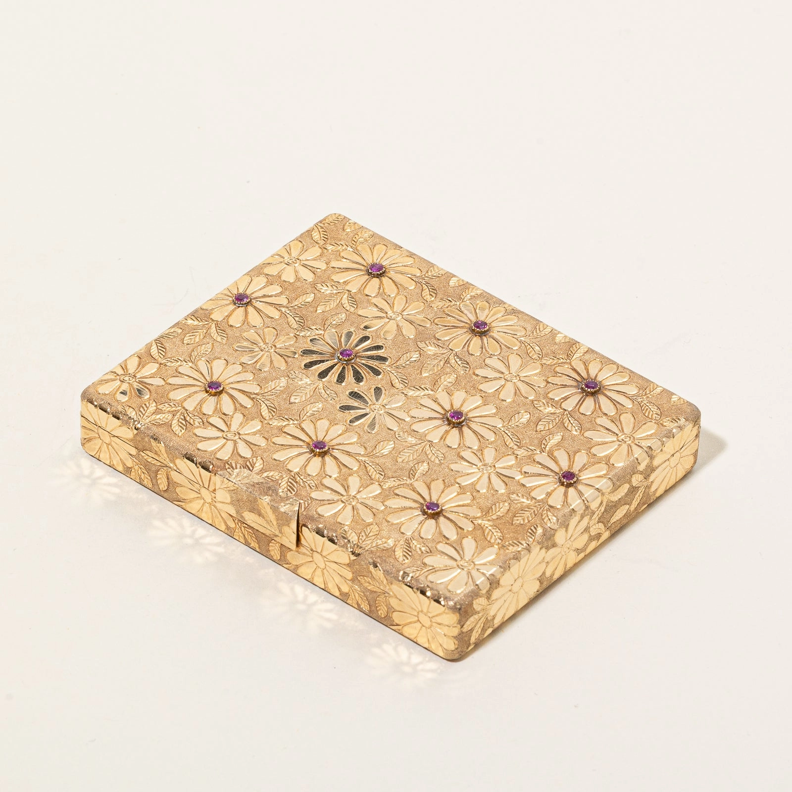 Soft Tone Vintage Solid 18K & Ruby Floral Engraved Compact Mirror | 0.50ctw