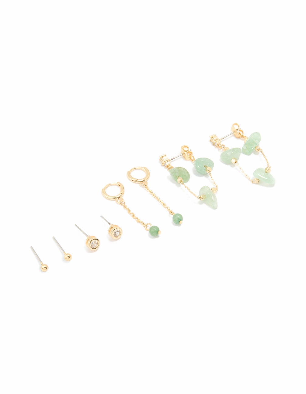 Luxury Detail Gold Plated Green Semi Precious Stone Chain Drop & Stud Earrings 4-Pack