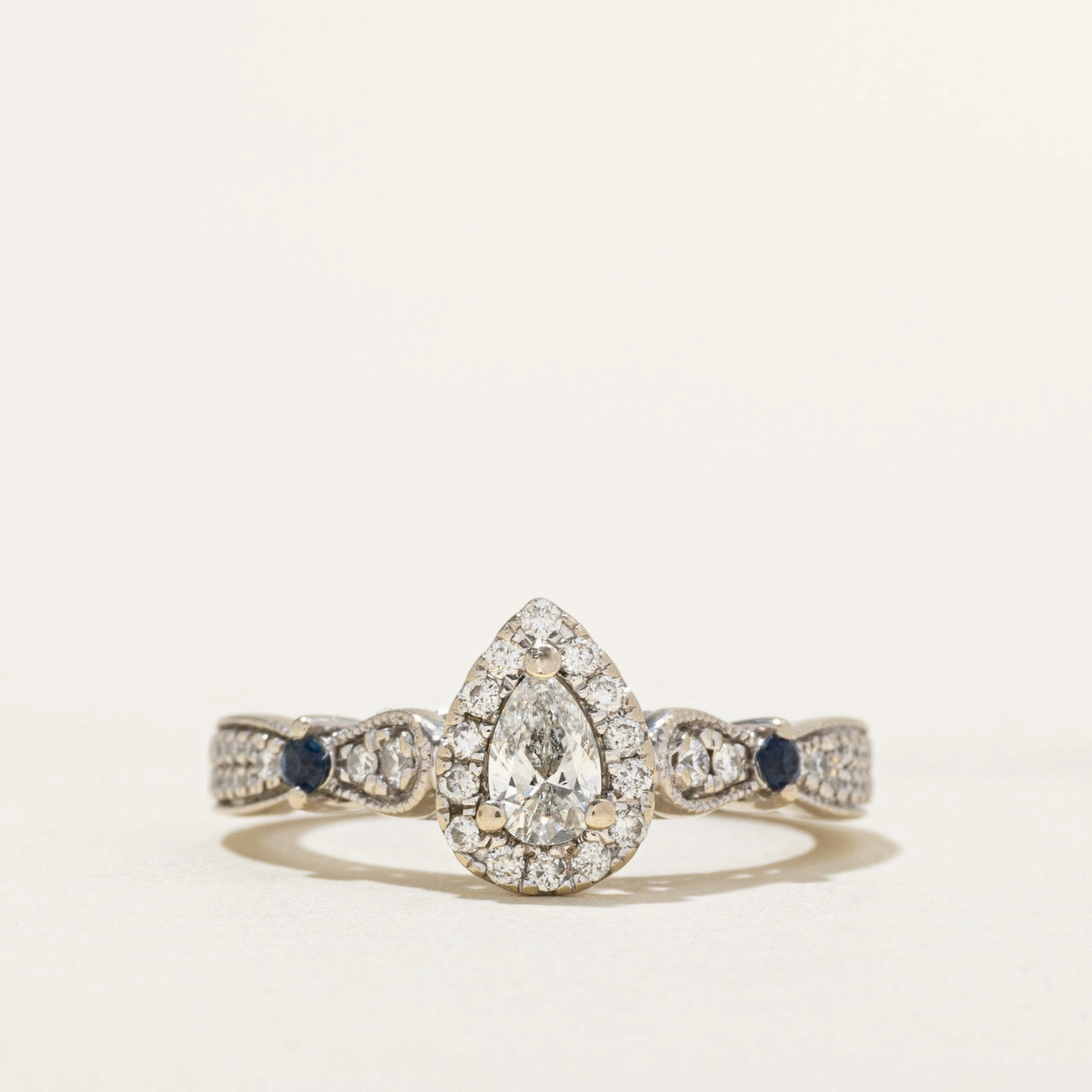 Pear Cut Diamond Halo & Sapphire Ring | 0.65ctw, 0.15ctw | SZ 8.25 Glamorous Gem Fashionable Detail