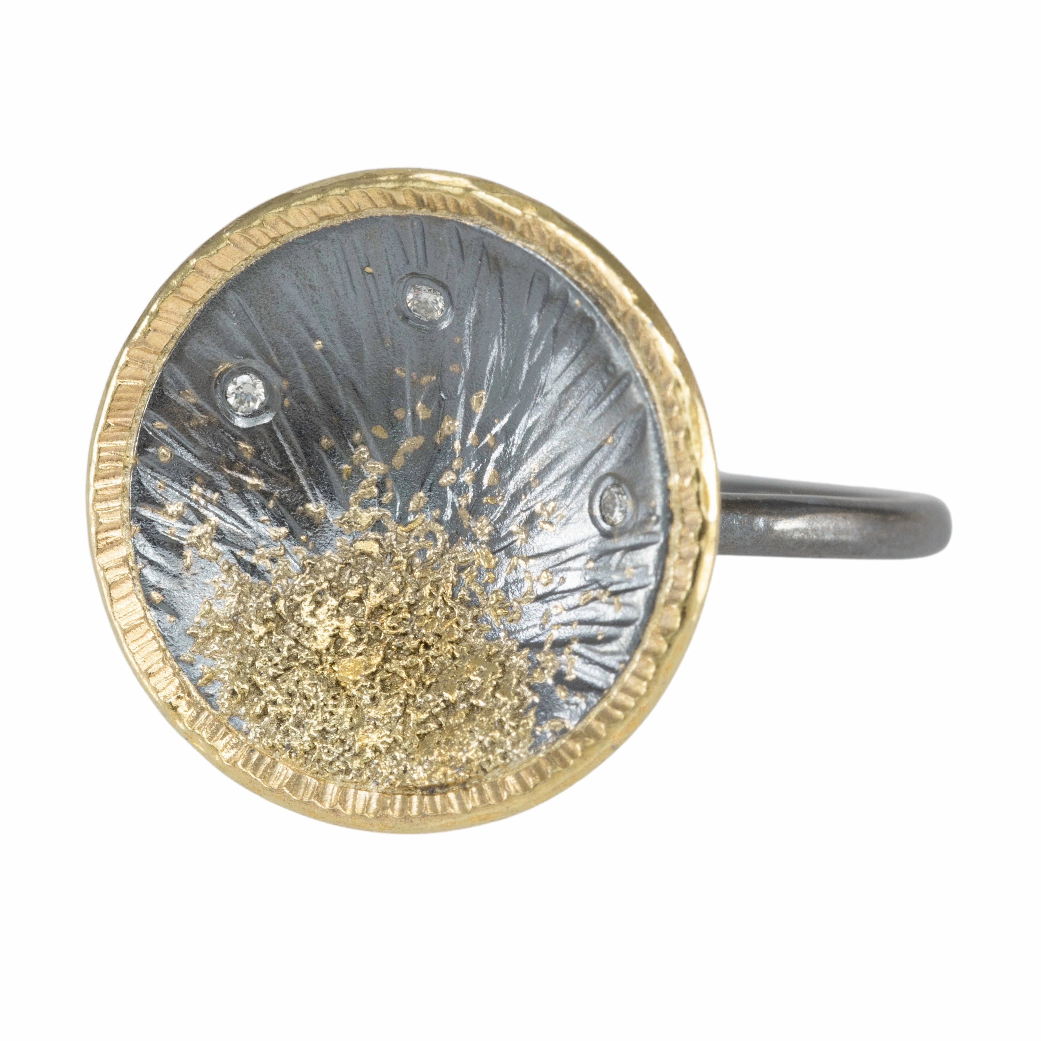 Sun Rays Ring - 22k/18k Gold, Oxidized Silver   VS White Diamonds Sparkle Style Elegant Snap