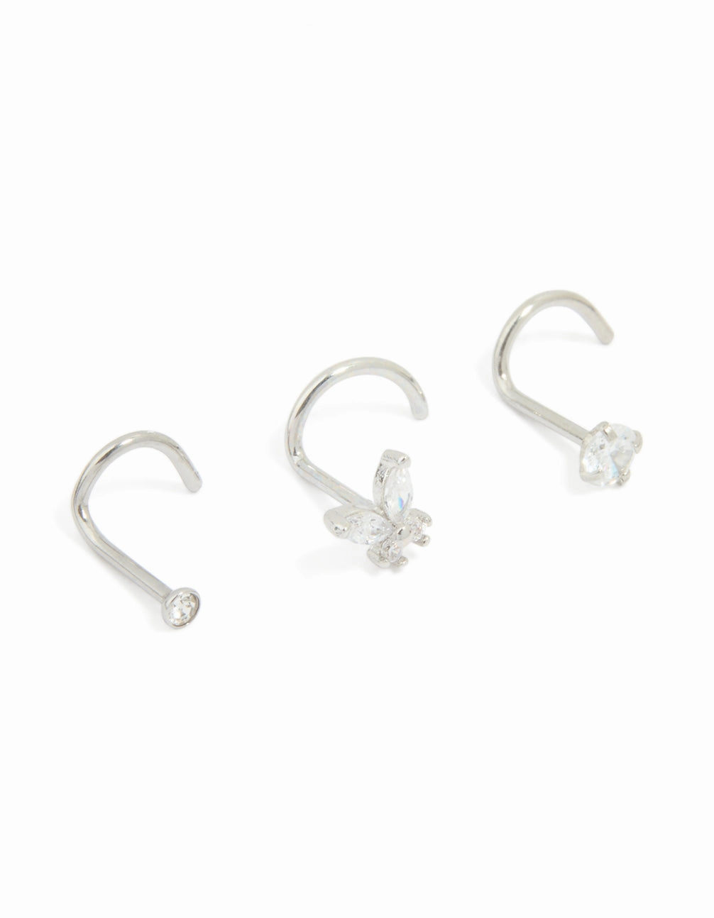 Spark Ready Stylish Form Surgical Steel Butterfly & Diamante Nose Studs 3-Pack