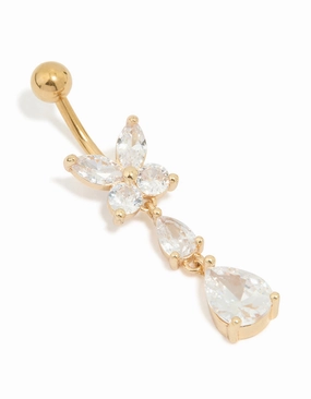 Subtle Glamour Classic Finish Surgical Steel Cubic Zirconia Butterfly Drop Belly Bar