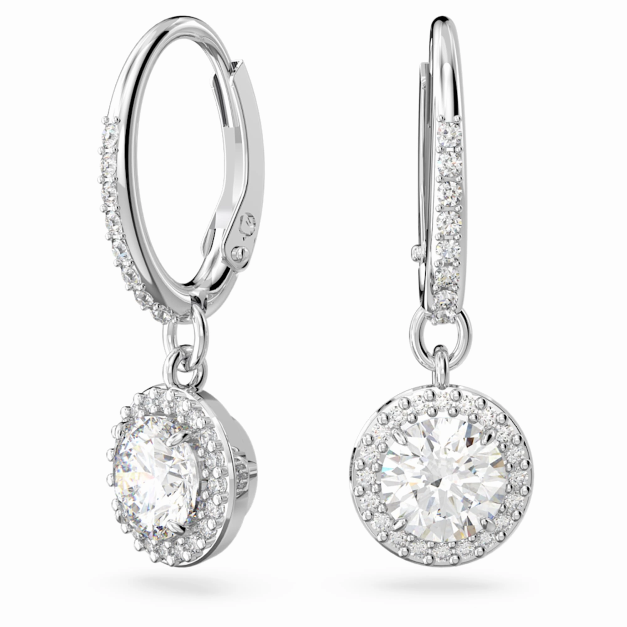 Swarovski Constella drop earrings, Round cut, Pav??, White, Rhodium plated Daywear Fit All Season