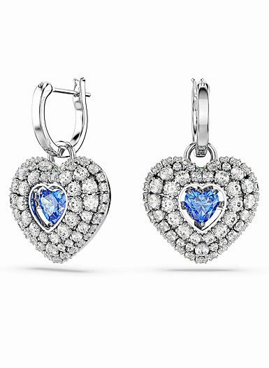 Swarovski Hyperbola drop earrings Heart, Blue, Rhodium plated Elegant Pop