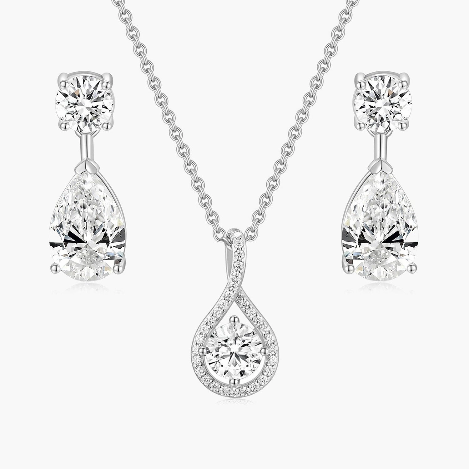Strong Symbol Teardrop CZ Necklace and Earrings Set in Sterling Silver