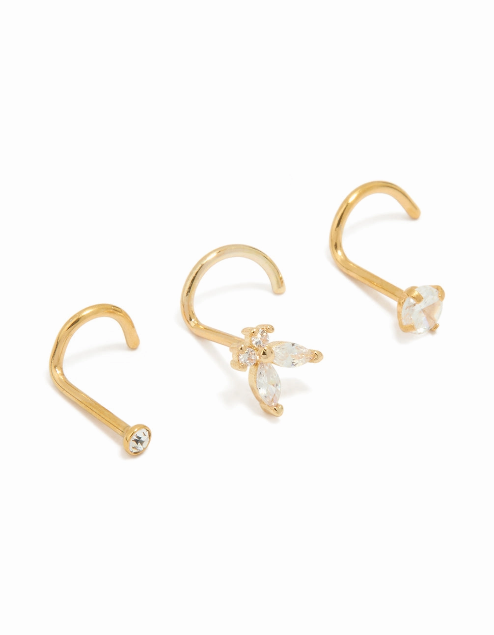 Gold Plated Titanium Diamante Butterfly & Classic Nose Studs 3-Pack Luxury Aura
