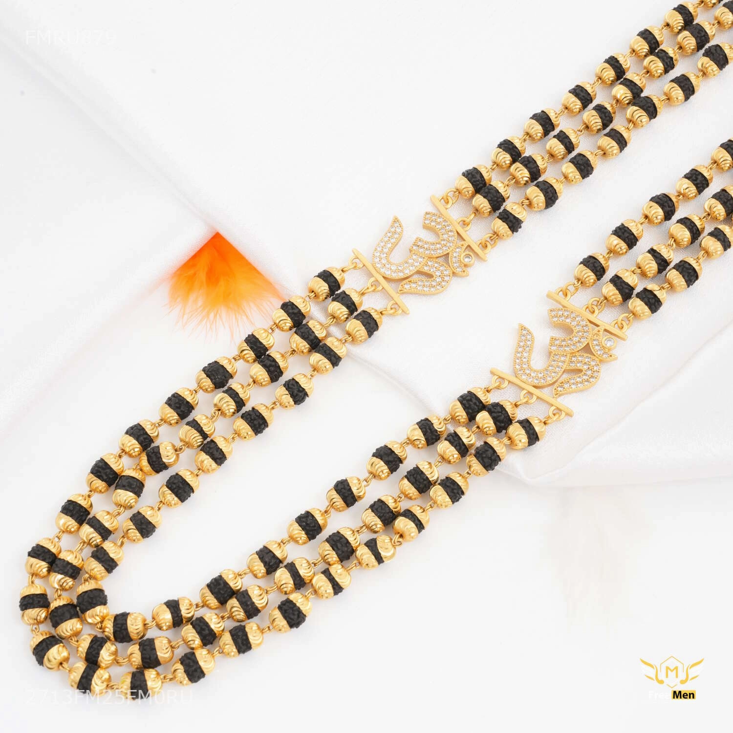 Three Line AD Om with Shning Black Rudraksha mala-FMRU879 Romantic Finish Impeccable Detail