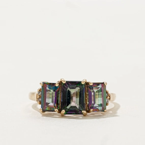 Refined Shape Beautiful finish Three Stone Mystic Topaz & Diamond Ring | SZ 7