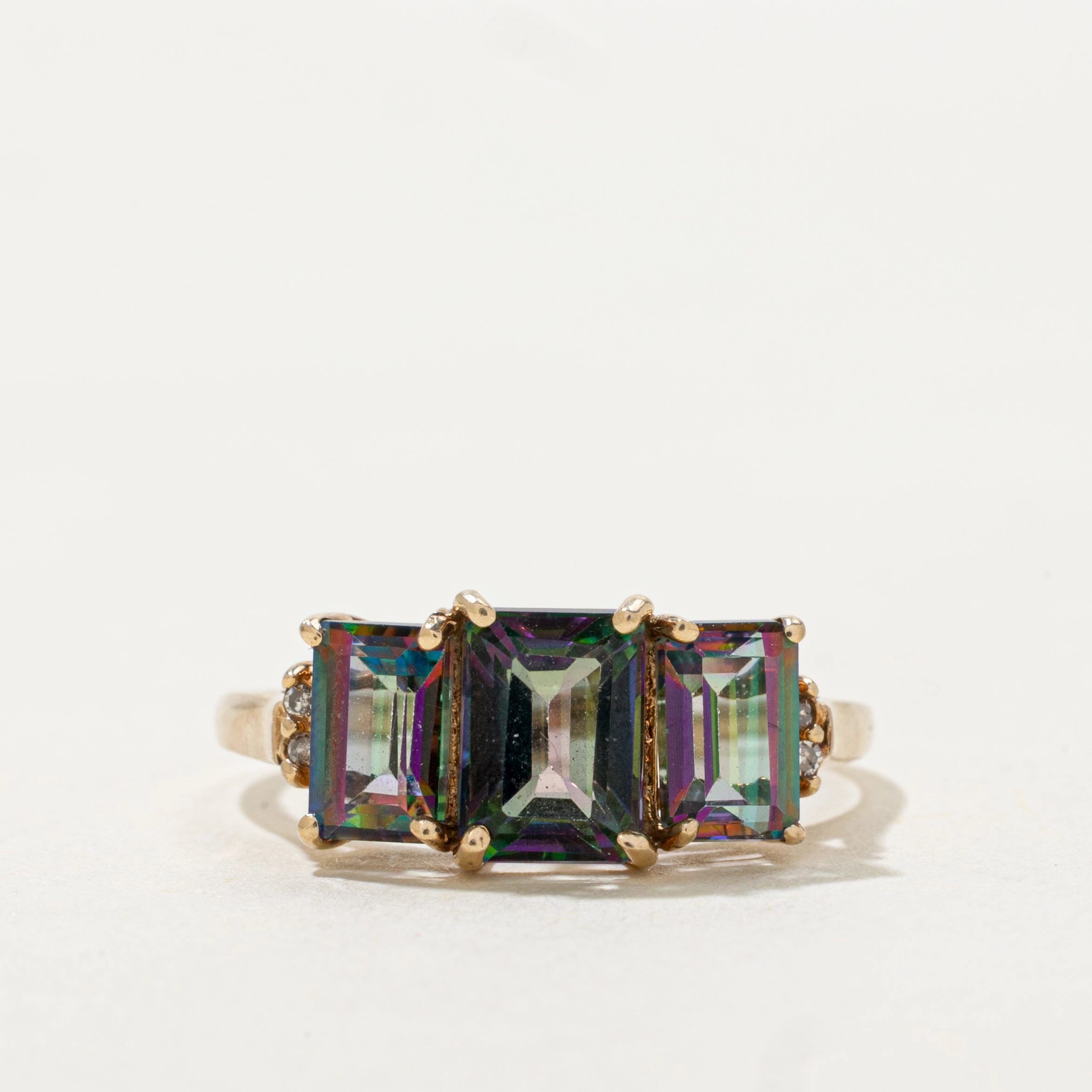 Refined Shape Beautiful finish Three Stone Mystic Topaz & Diamond Ring | SZ 7