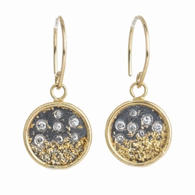 Traveler's Coin Drop Earrings - 22ky/18k/14ky Gold, Oxidized Silver and Natural Salt   Pepper Diamonds Fashionable Detail Metallic Touch
