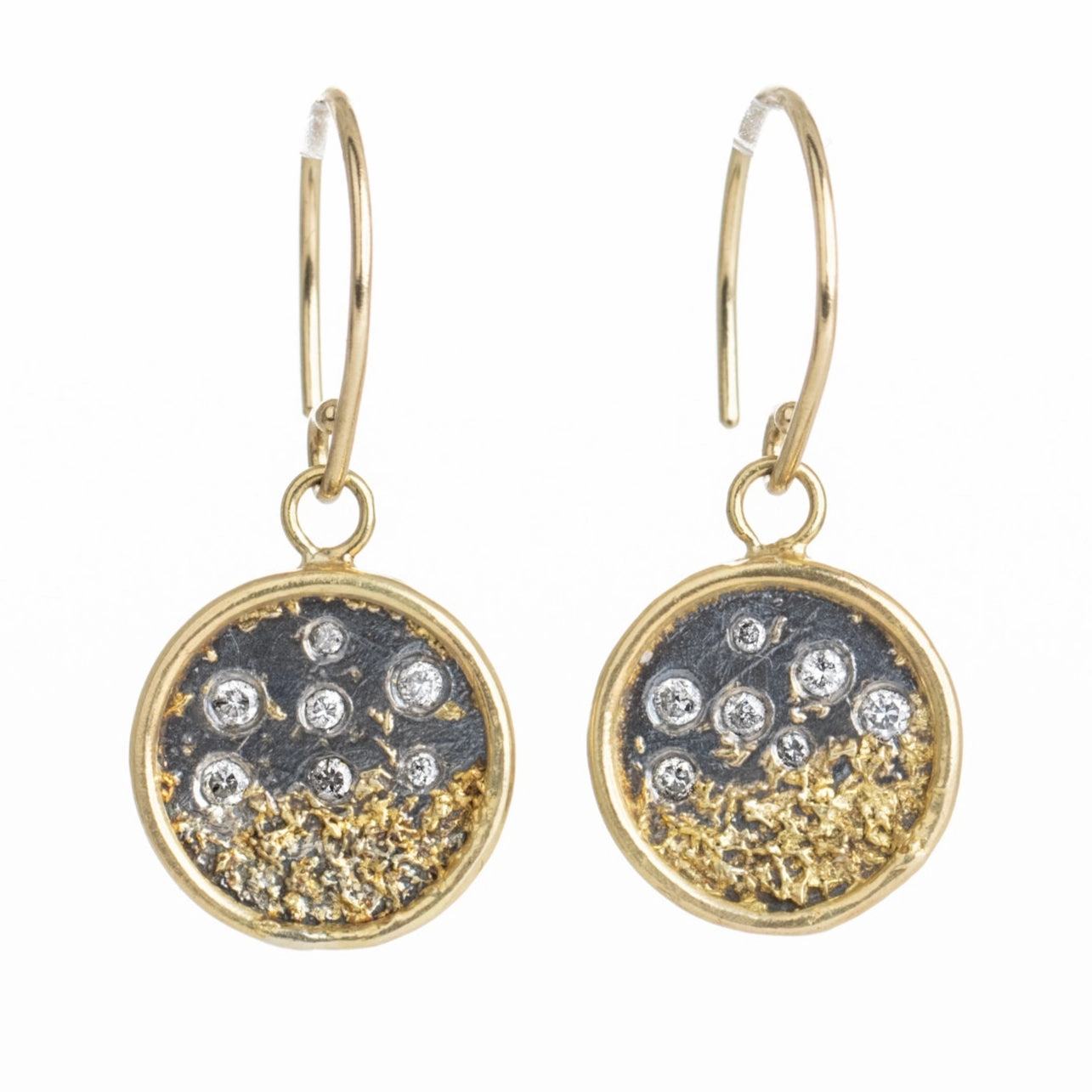 Traveler's Coin Drop Earrings - 22ky/18k/14ky Gold, Oxidized Silver and Natural Salt   Pepper Diamonds Fashionable Detail Metallic Touch