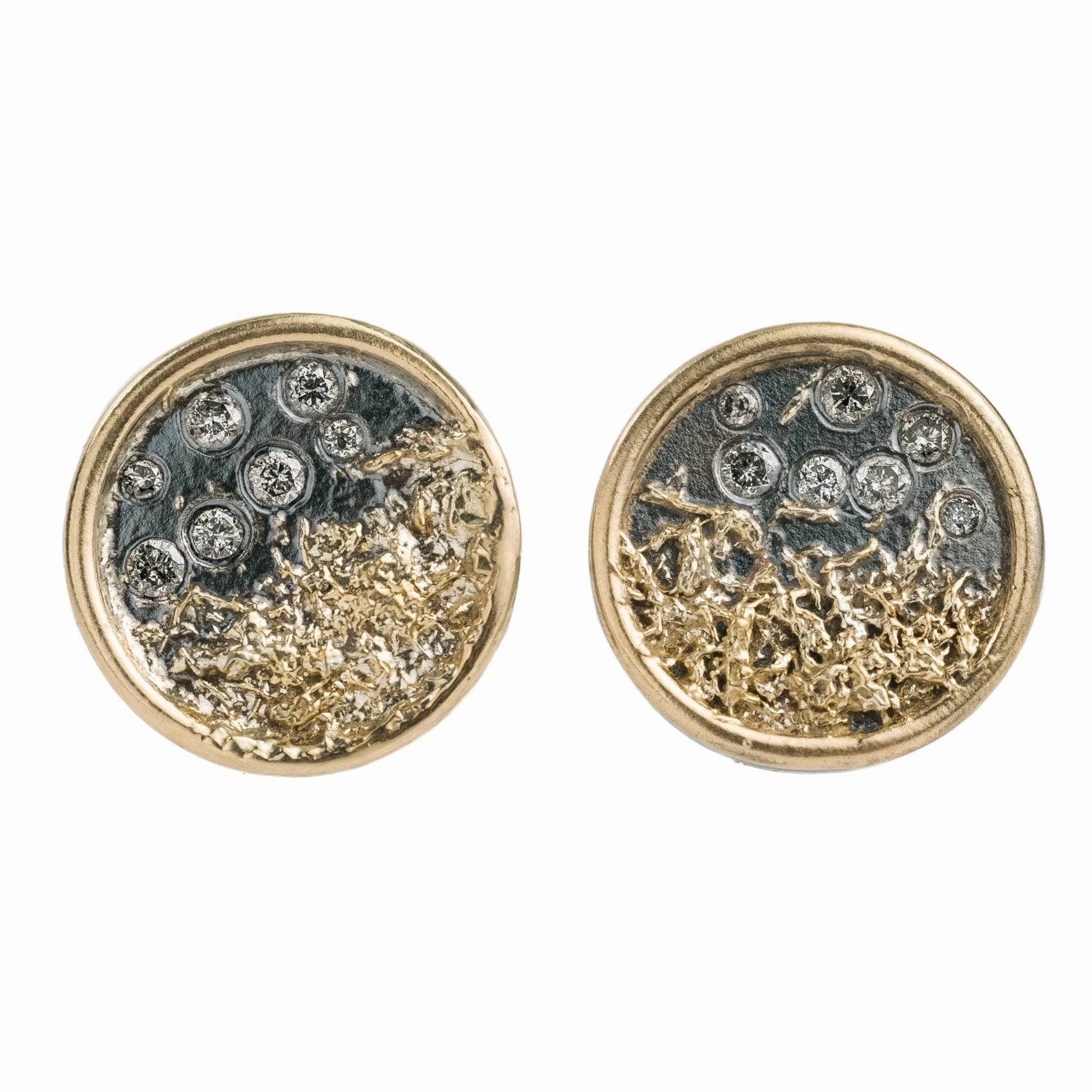 Traveler's Coin Studs - 22k/18k/14ky Gold, Oxidized Silver and Natural Salt   Pepper Diamonds Flawless Accent