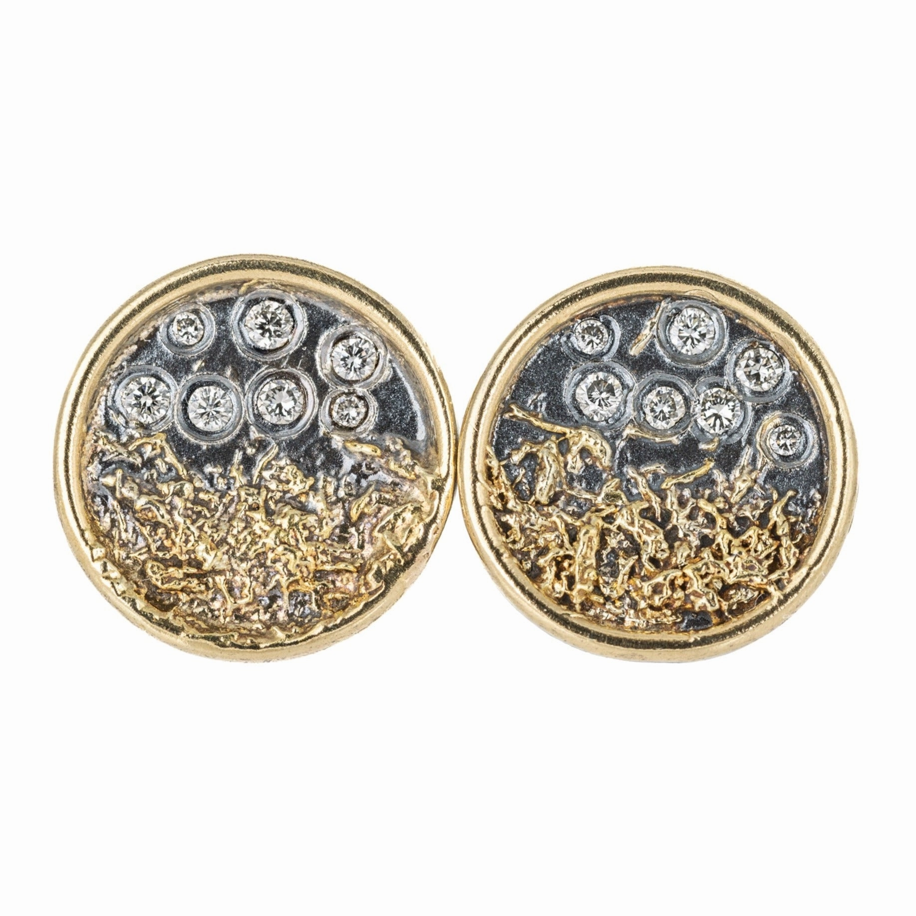 Timeless Gem Traveler's Coin Studs - 22ky gold dust, 18k Gold, Oxidized Silver   Reclaimed Diamonds