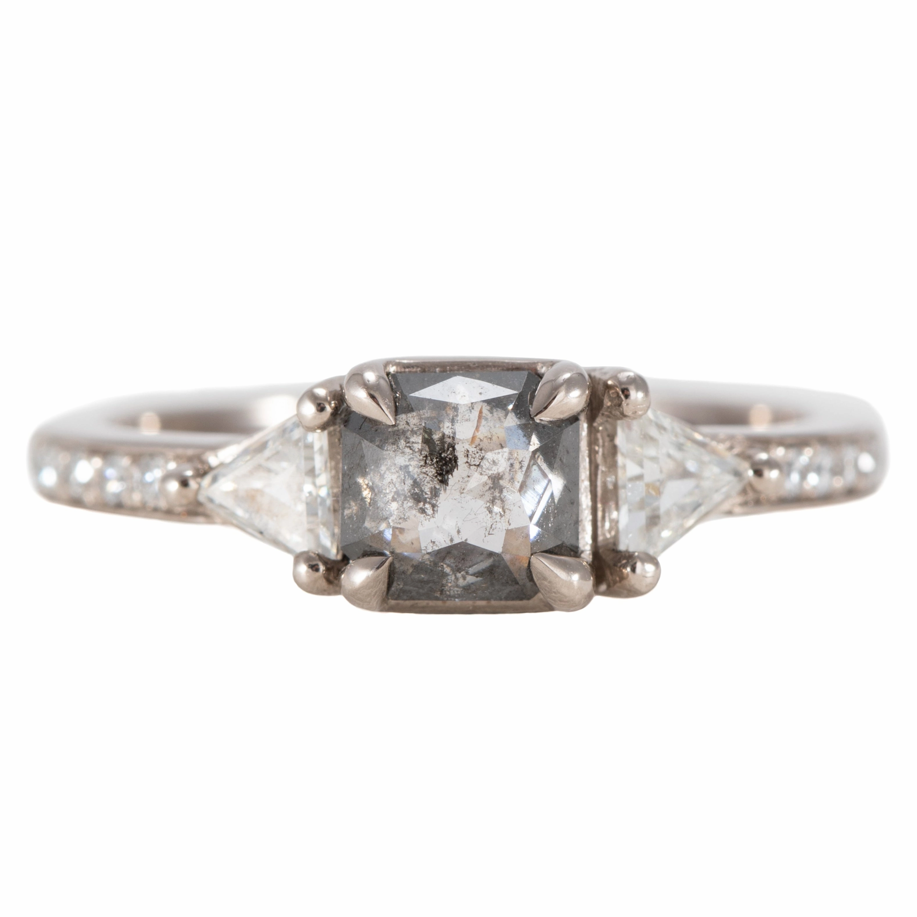 OOAK Grey Cushion Shaped Diamond Ring - 18k Palladium White Gold, Trillion Diamonds   Pave Set Diamonds Precious Gem Effortless Touch