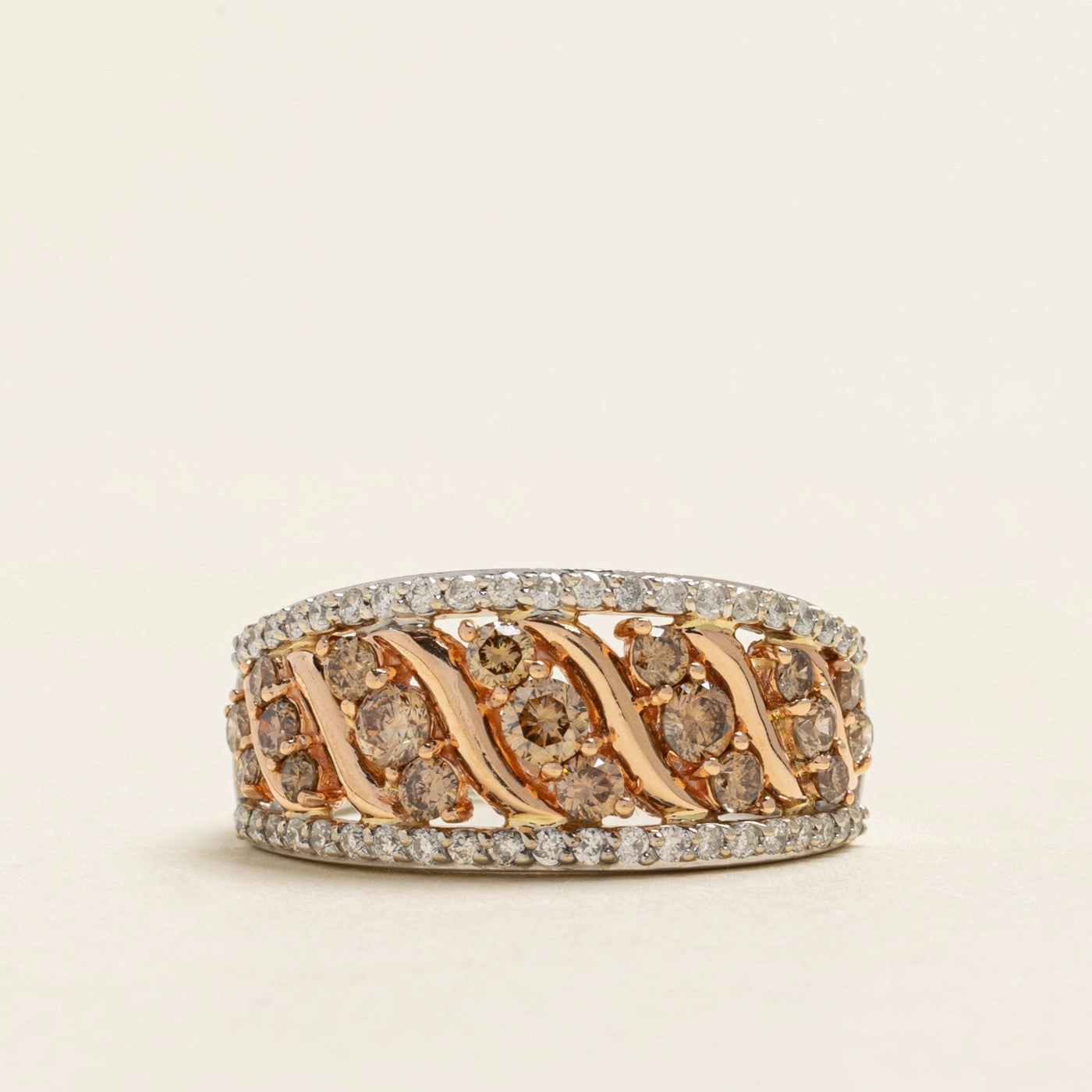 Brown & White Diamond Wave Cocktail Ring | 0.86ctw | SZ 6.5 Glow Layer Romantic Finish