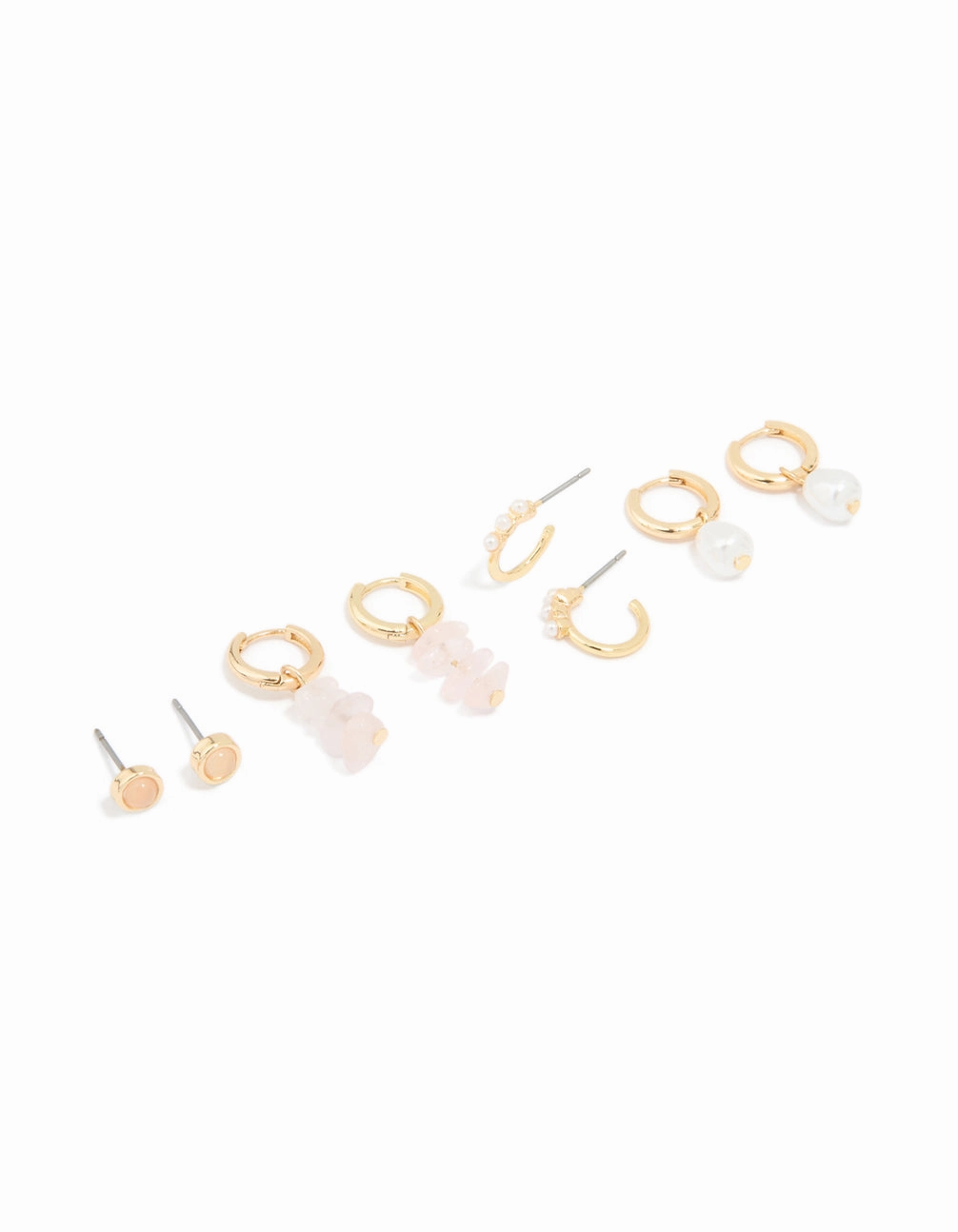 Classic Lines Gold Plated Rose Quartz & Pearl Huggie Earrings 4-Pack