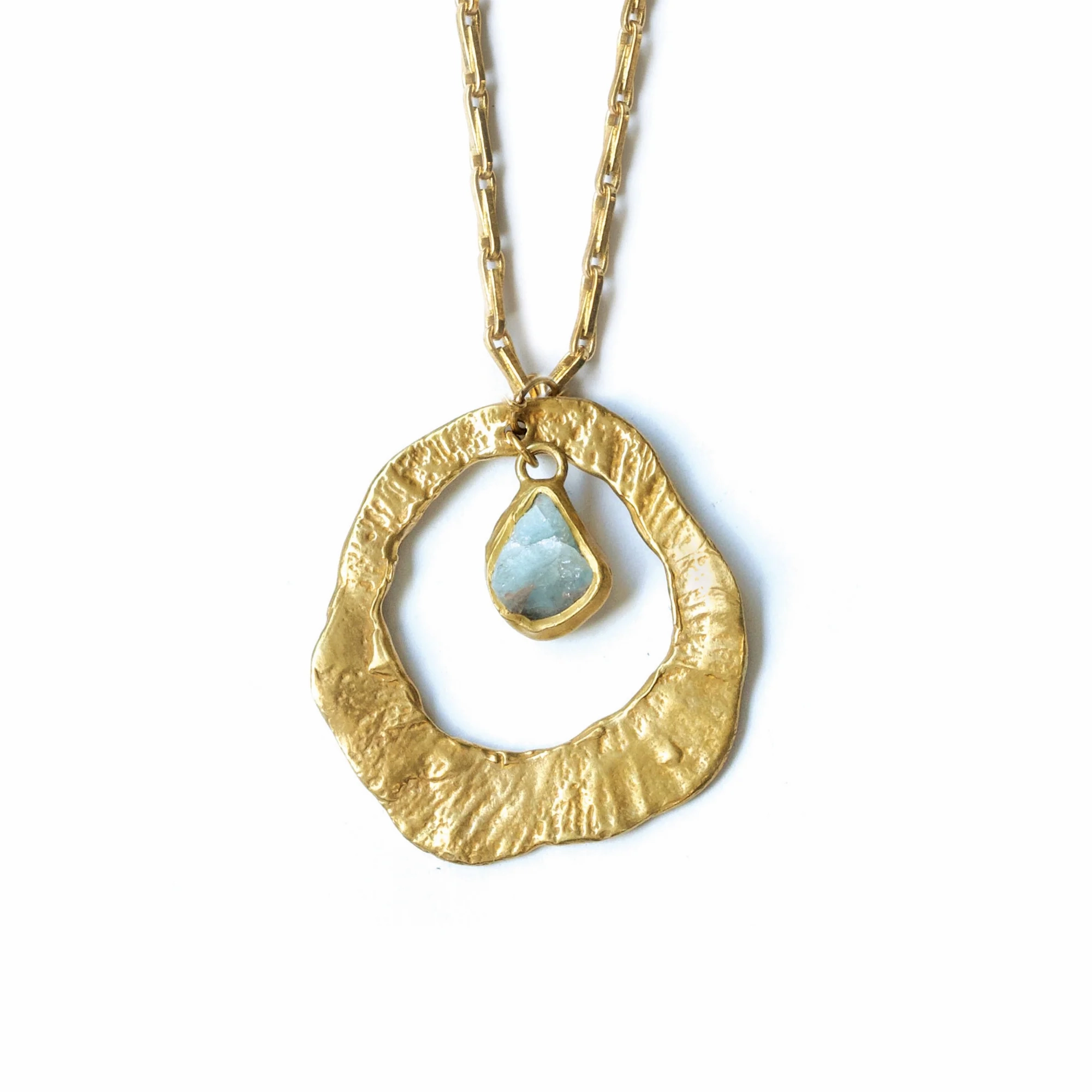 Whirlpool Long Chain  Solo Pendant - Brass   Aquamarine Formal Accessory