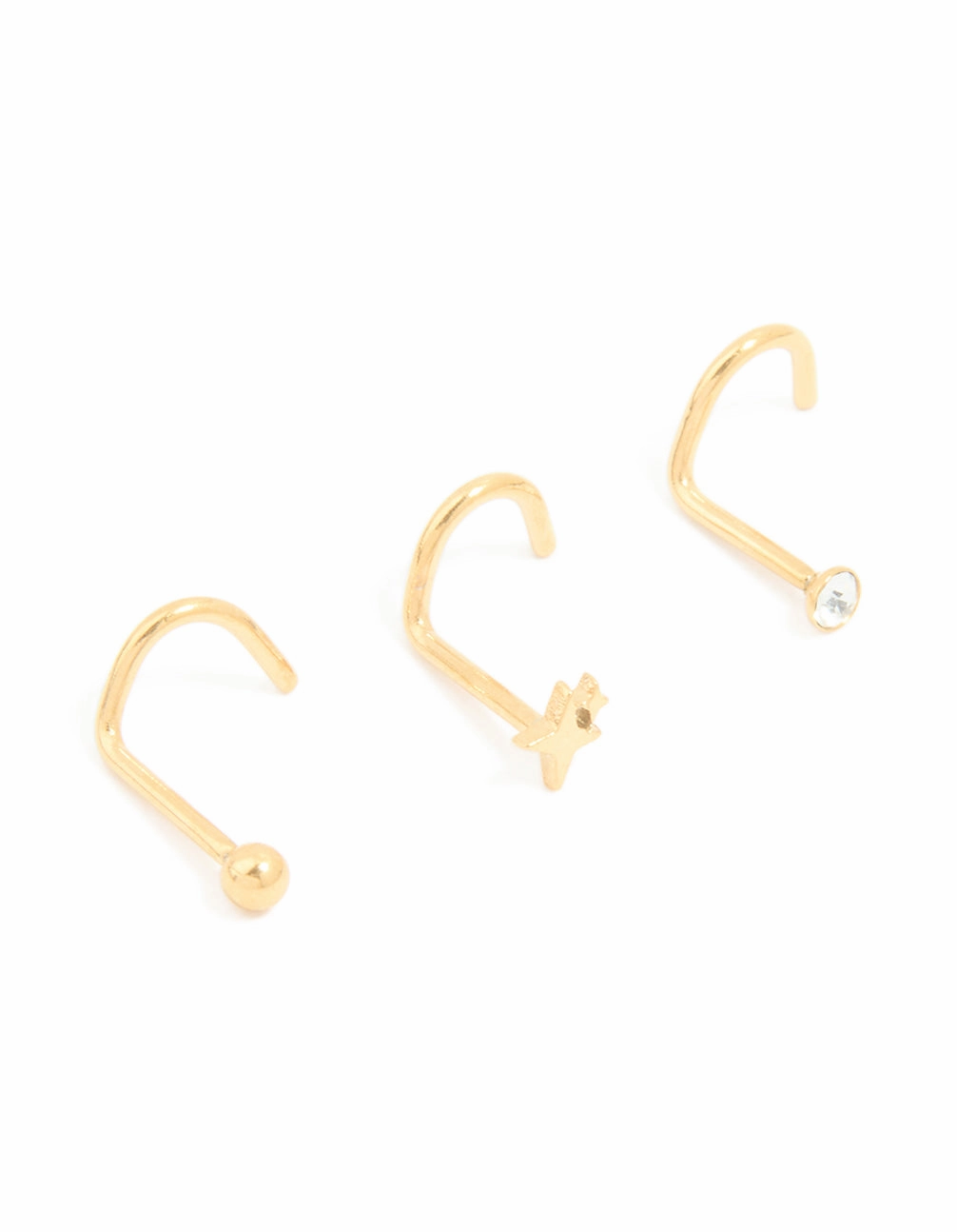 Light Detail Bold Shine Surgical Steel Cubic Zirconia & Ball Front Nose Studs 3-Pack