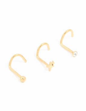 Light Detail Bold Shine Surgical Steel Cubic Zirconia & Ball Front Nose Studs 3-Pack
