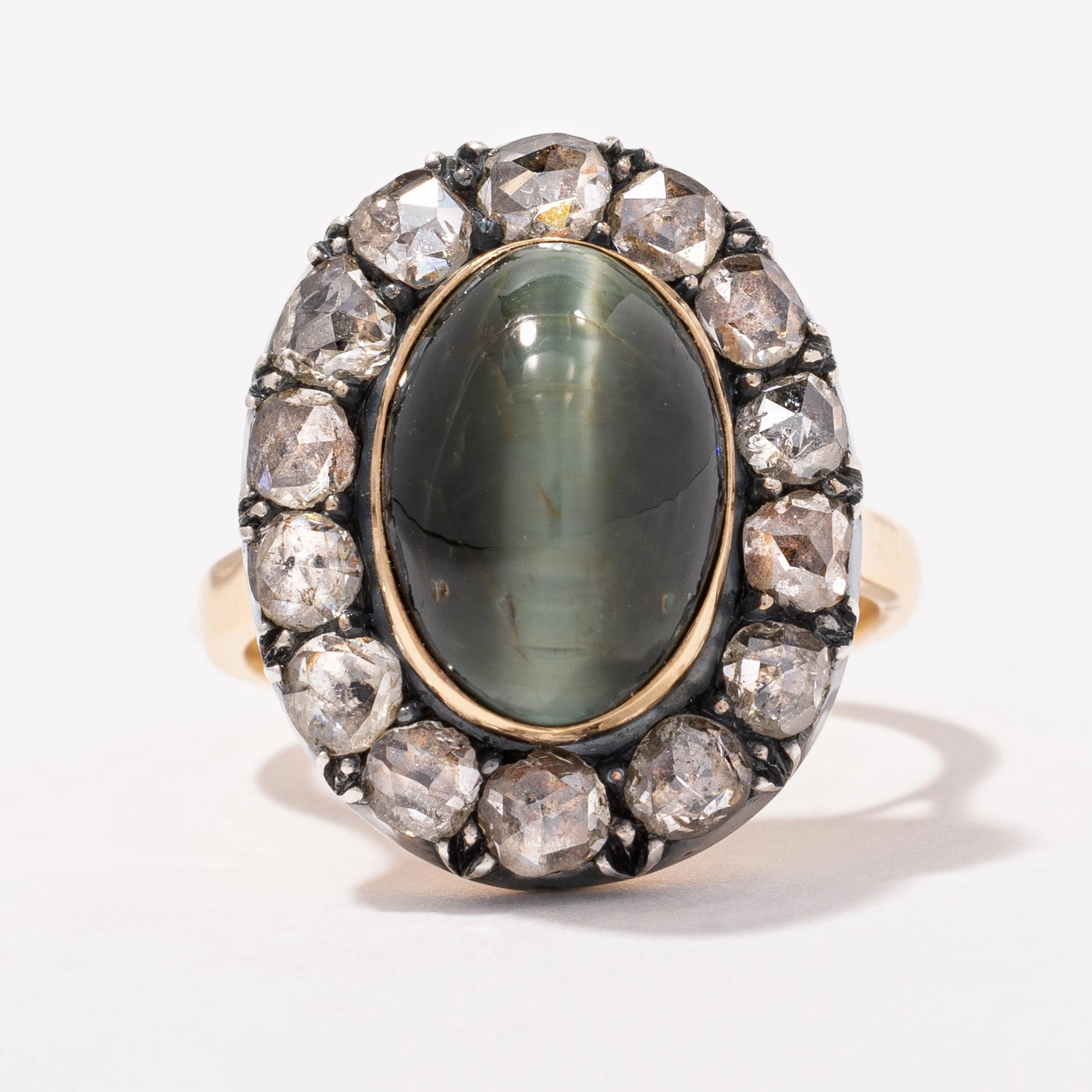Antique Cat's Eye Chrysoberyl & Rose Cut Diamond Ring | 6.90ct, 1.12ctw | SZ 6.75 | Beach Vibes
