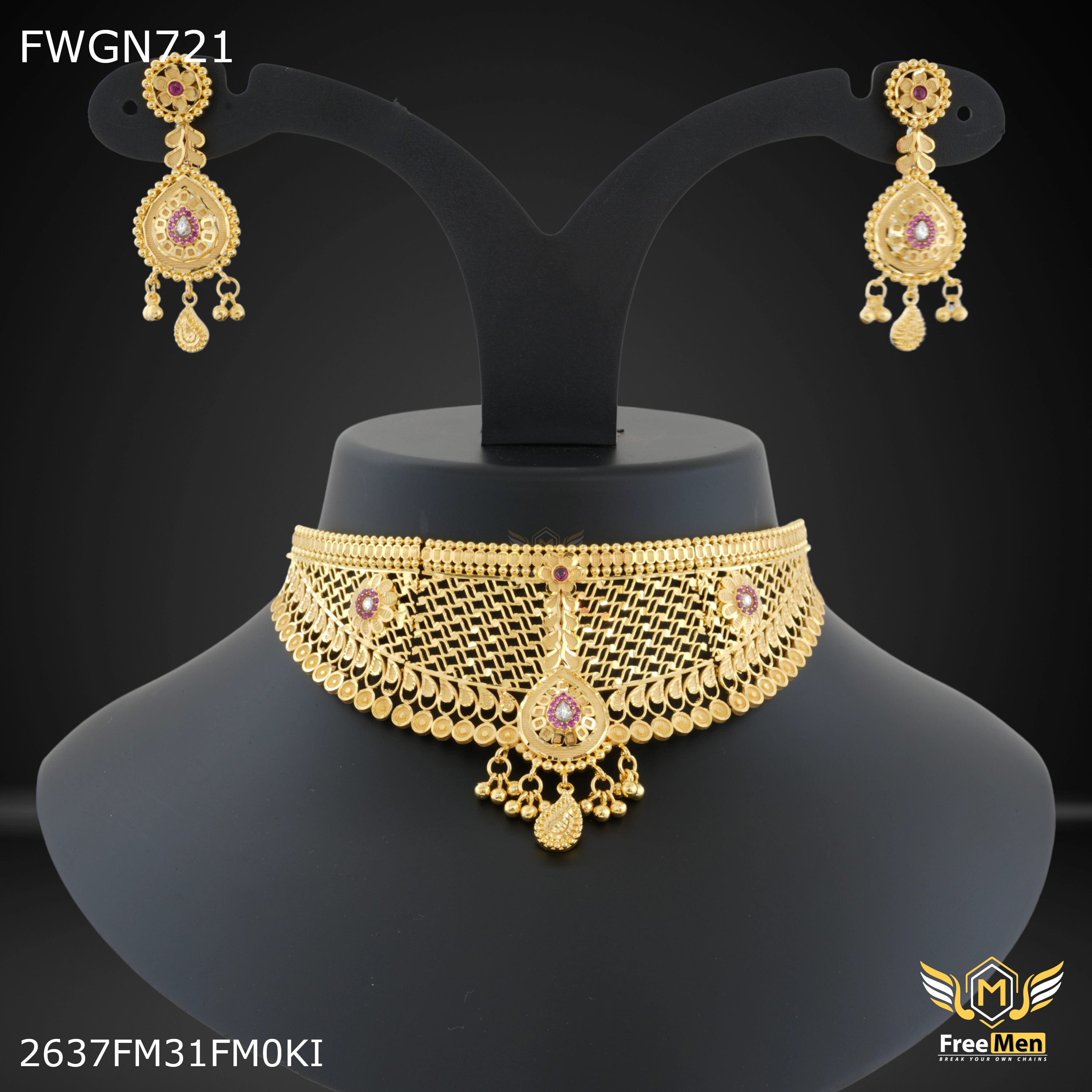 Beautiful finish Flawless Detail Freemen Pink AD Choker Necklace With Earring for women - FWGN721