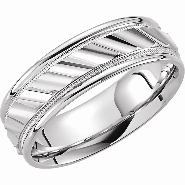 14K White 6.75 mm Ridged Band with Milgrain Size 8 Low Key