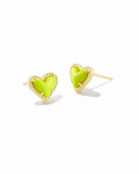 Kendra Scott Ari Heart Gold Stud Earrings in Chartreuse Magnesite Glamour Accessory Polished Piece