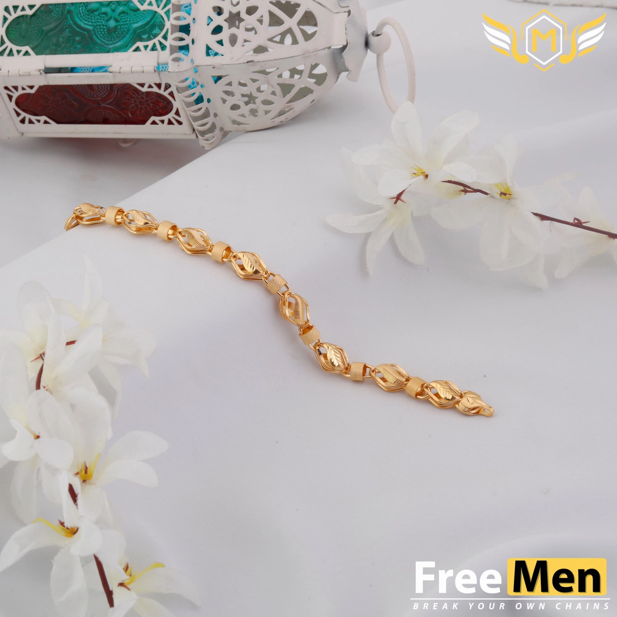 Freemen design ring leaf Gold Plated Bracelet for Men (6 Month warranty) FMA009 Handcrafted Form Timeless Line