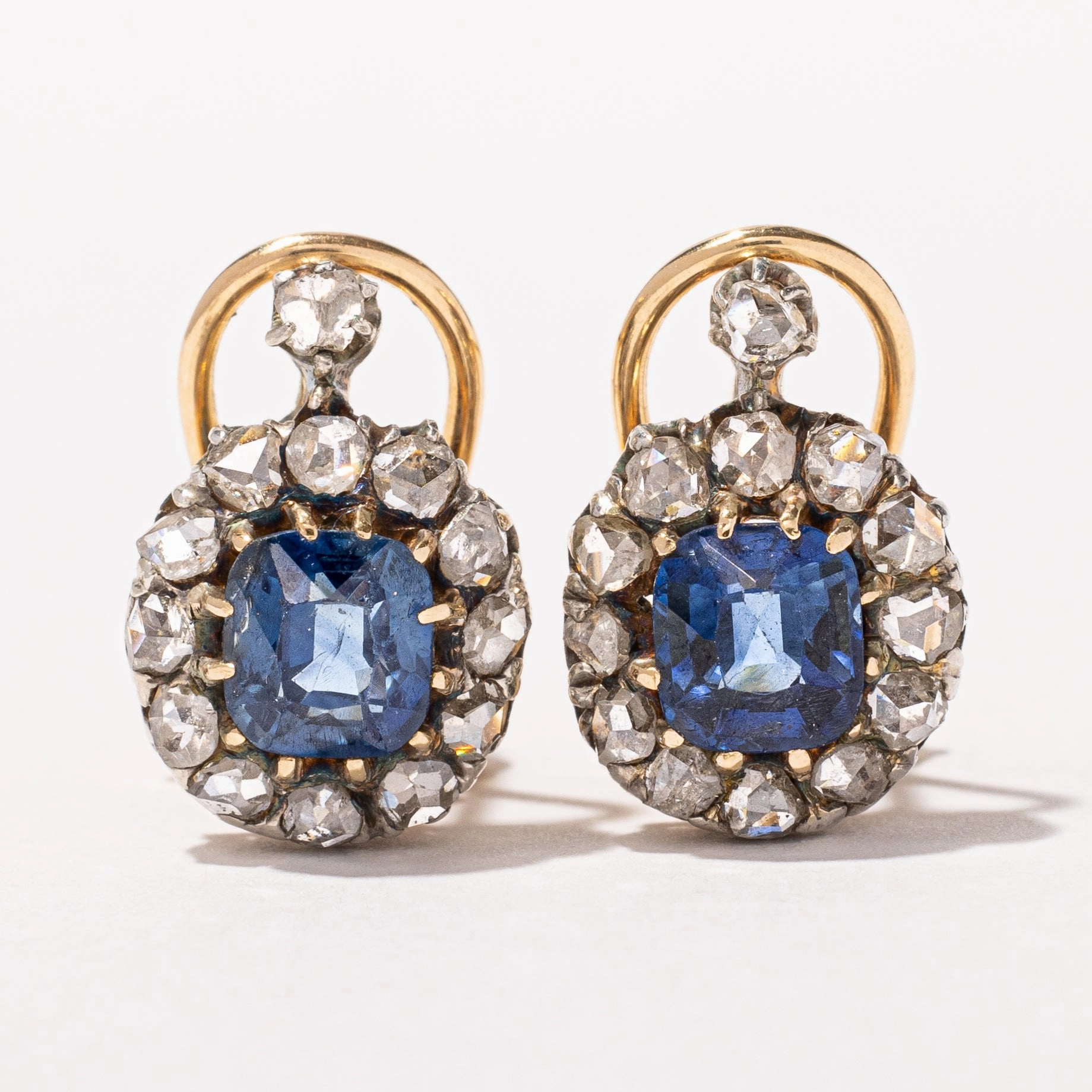 Bold Combo Glowing Accent Victorian Sapphire & Rose Cut Diamond Halo Earrings | 1.60ctw, 0.65ctw |