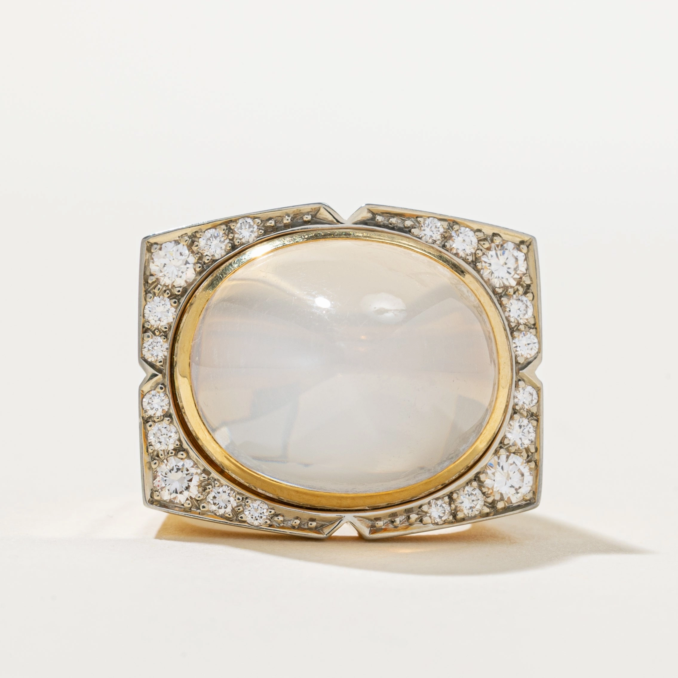 Vintage 18K Sugarloaf Moonstone & Diamond Cocktail Ring | 0.64ctw | 26.00ct | SZ 6.25 Breezy Style Statement Look