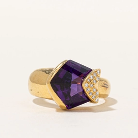 Vintage Amethyst & Diamond Cocktail Ring | 3.20ct, 0.10ctw | SZ 8 | Shining Look Chic Silhouette