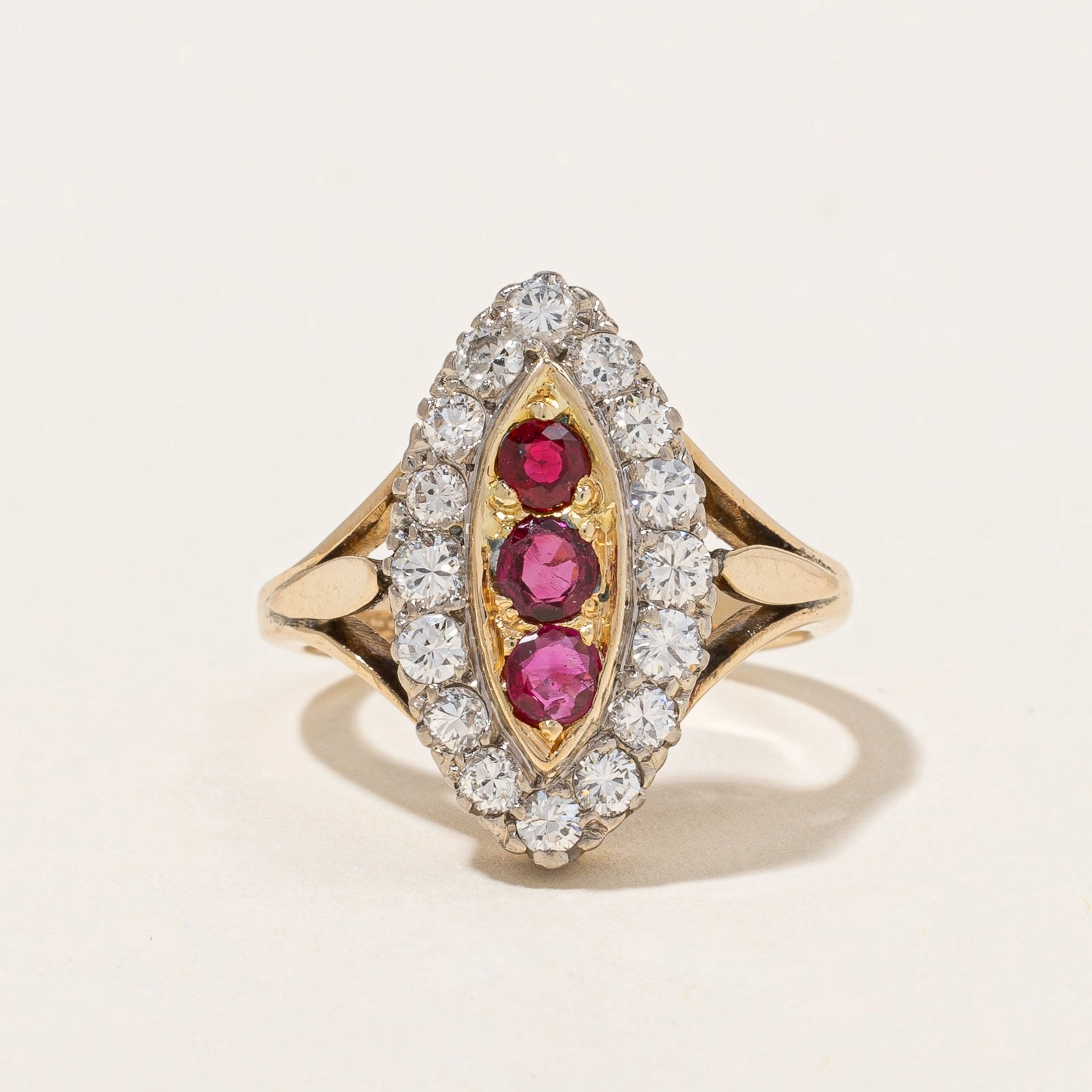Eye-catching Design Vintage Diamond & Ruby Navette Ring | 0.96ctw, 0.33ctw | SZ 5.5 |