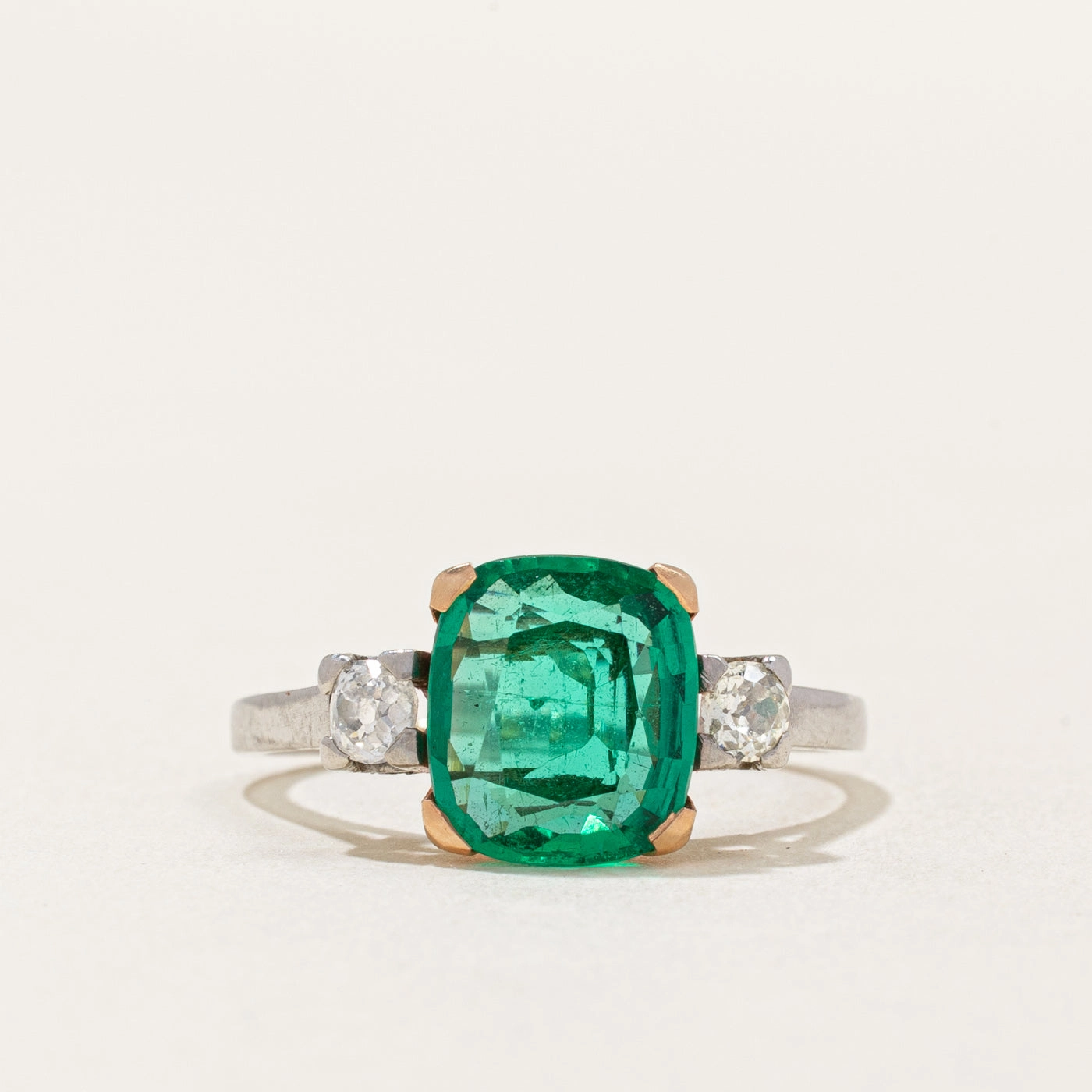 Vintage Natural Emerald & Old European-Cut Diamond Ring | 2.15ct, 0.24ctw | SZ 7.5 | Fashion Element