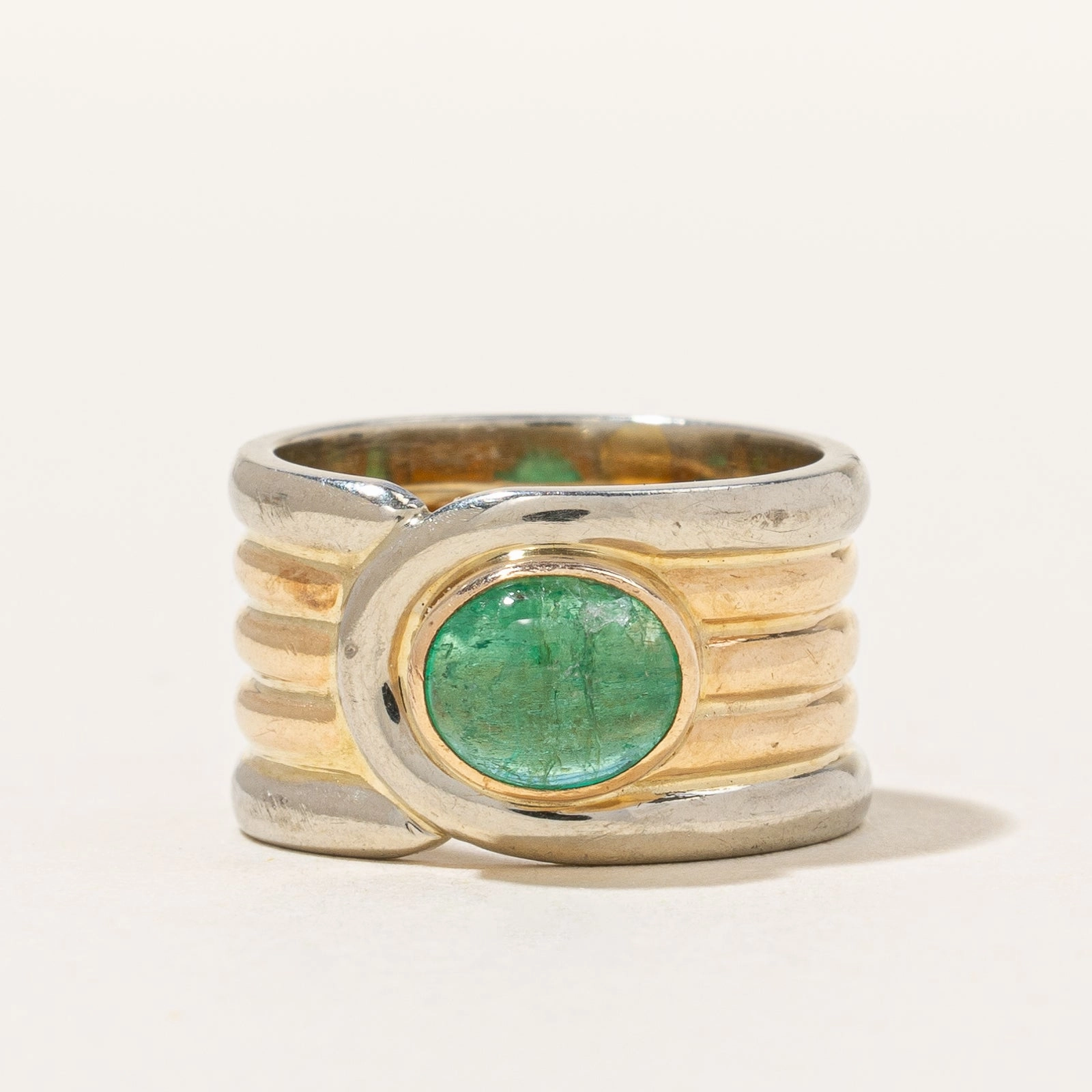 Elegant Spark Casual Style Vintage Two-Tone Natural Emerald Cabochon Ring | 0.90ct | SZ 3.5 |