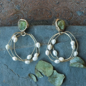 Gleaming Accent Water Lily Hoops - Brass, Sterling Silver, Green Garnet   Pearl