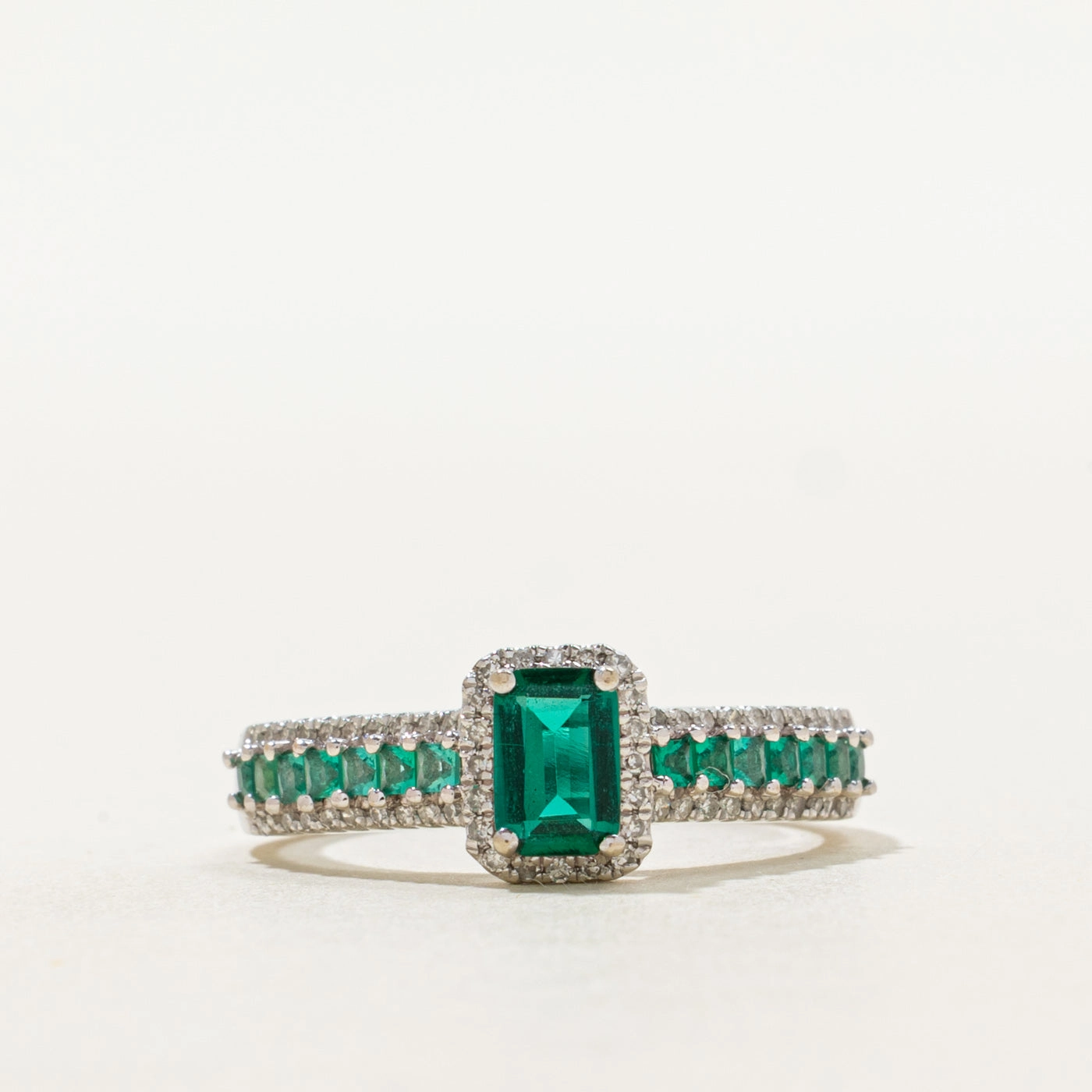 Modern Statement Romantic Set White Gold Synthetic Emerald & Diamond Cathedral Ring | 0.75ctw, 0.20ctw | SZ 7